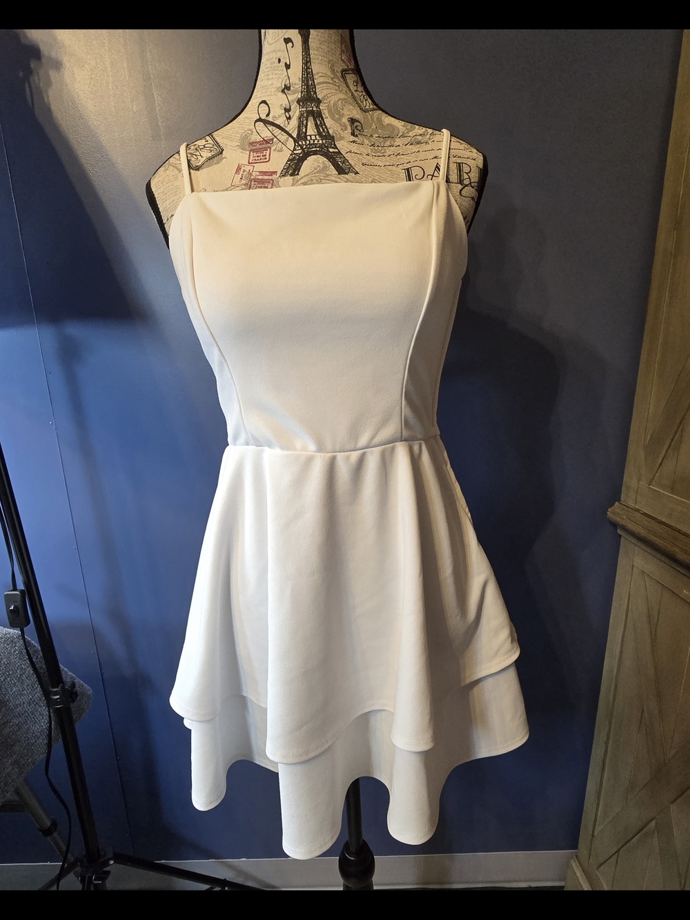 Altar'd State White Tiered Mini Dress Womens L Bow Back Spaghetti Strap Flare